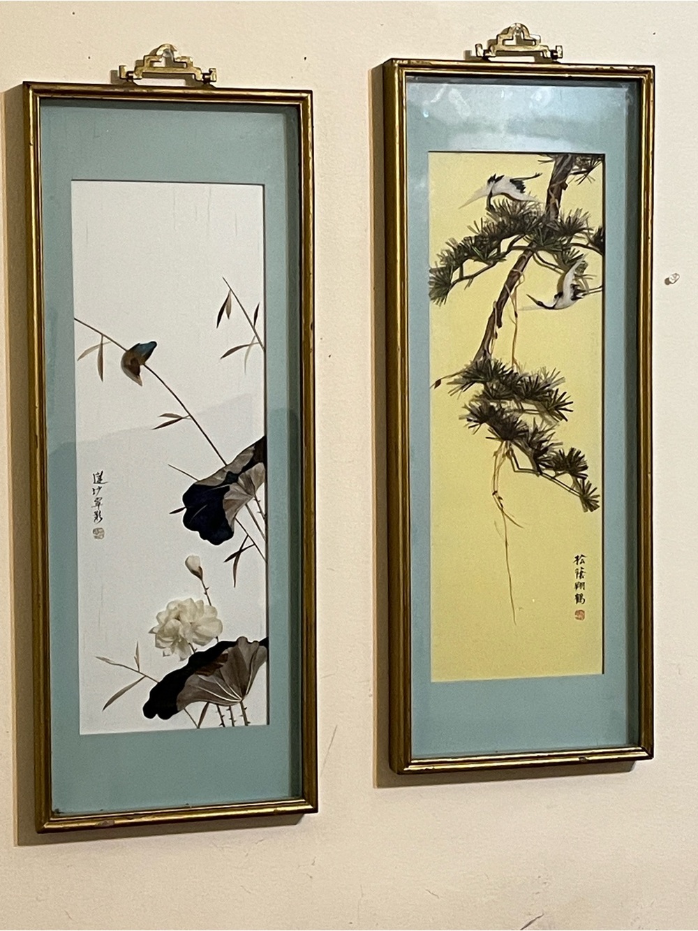 Mid Century Japanese 3D Diorama Wall Art Pair - Tsuru (Crane) & Lotus